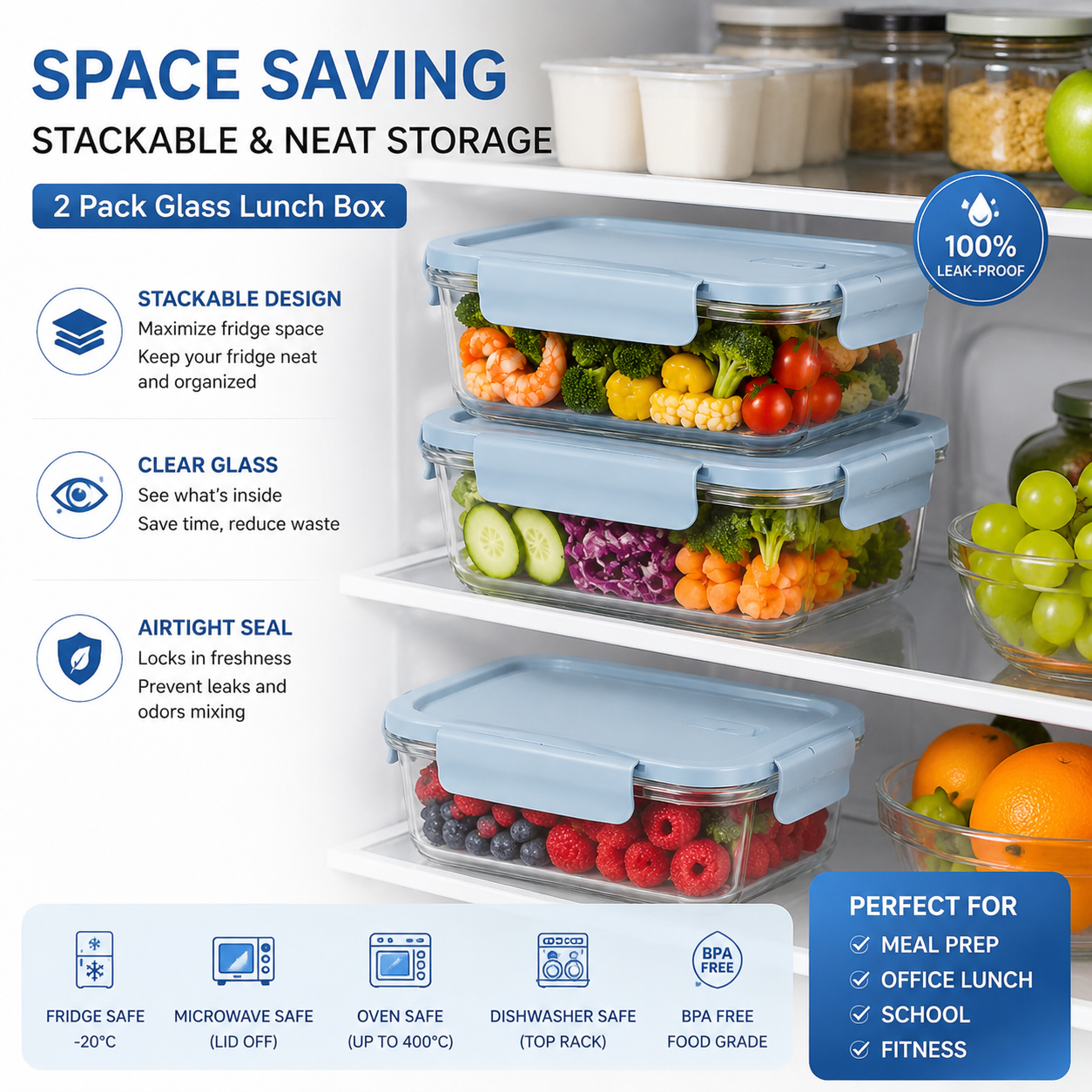 Food Storage Glass Containers - 2 Pack Glass Meal Prep Containers