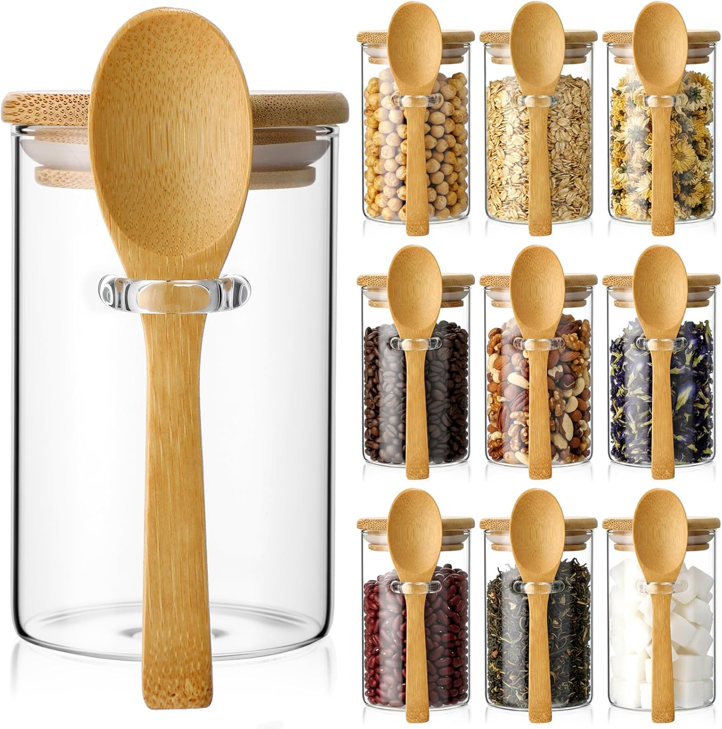 Food Storage Glass Containers - 10 Pack Glass Jars with Bamboo